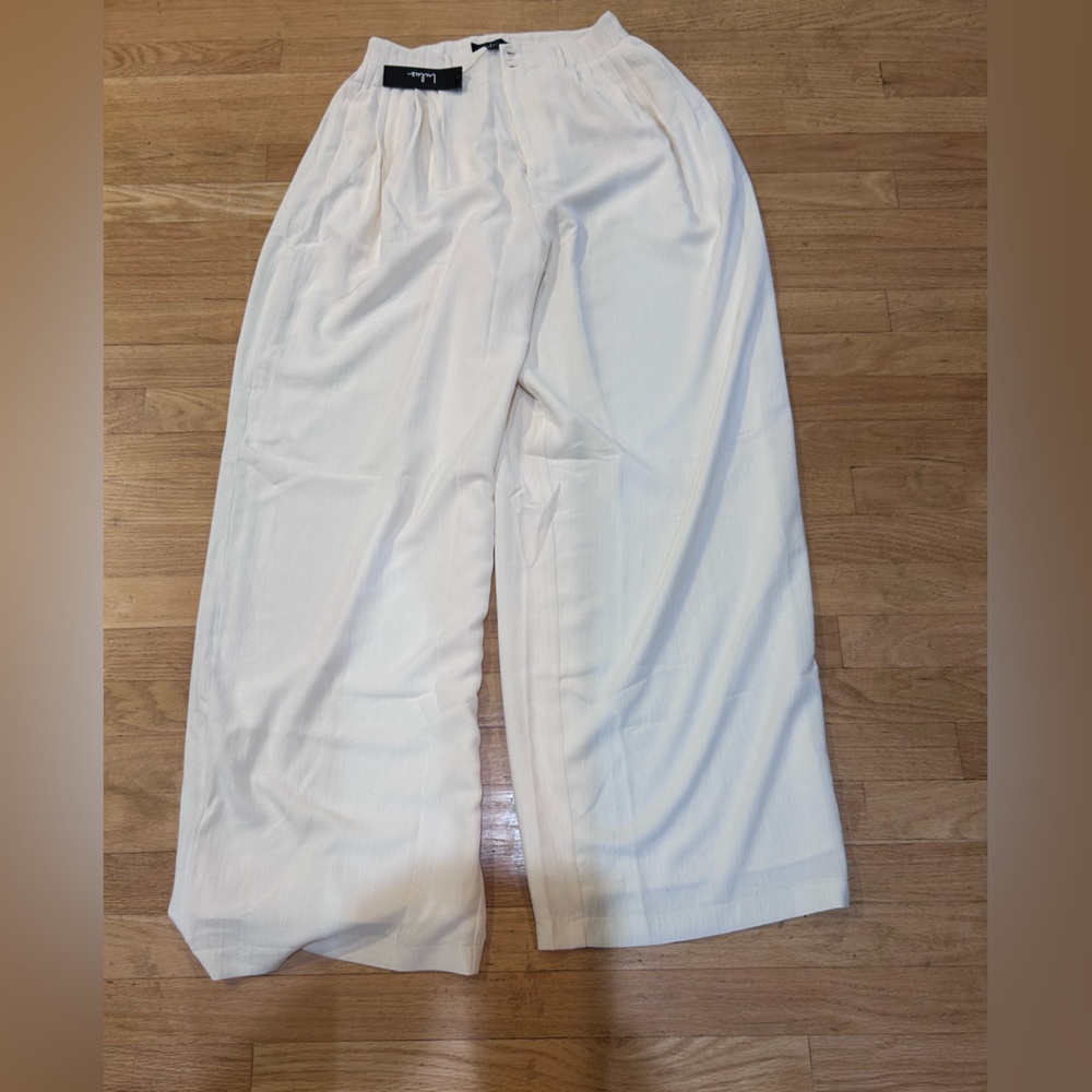 NWT Lulus Composed Persona Cream Textured Pleated High-Rise Wide-Leg Pants, M - Picture 4 of 5